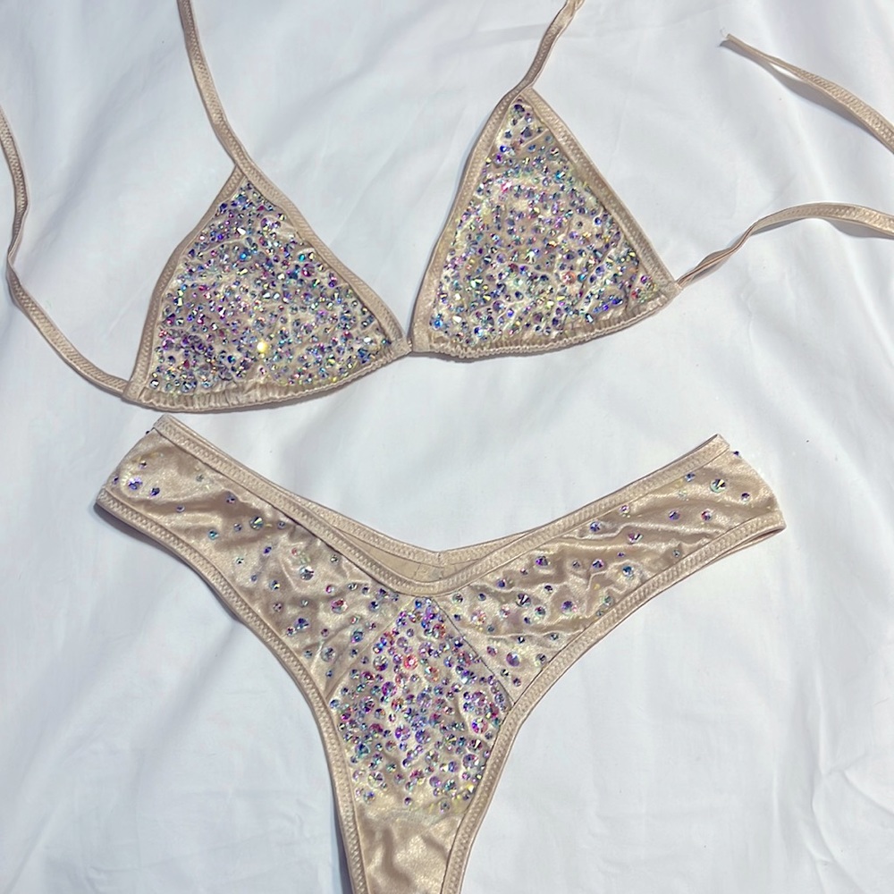 Brand new nude 2 piece thong covered in AB crystal/glass rhinestones by hand.